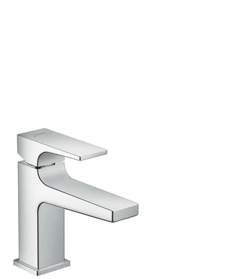 Einhebel-Waschtischmischer aus Chrom von Hansgrohe mit flachem Hebelgriff und abgerundetem Auslauf, geeignet für Handwaschbecken, mit Push-Open Ablaufgarnitur.